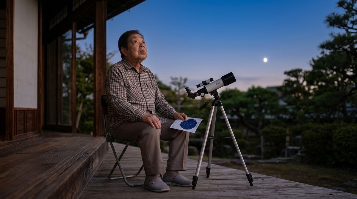 夕暮れの縁側で望遠鏡の横に座り、宵の明星を見上げる細本和子