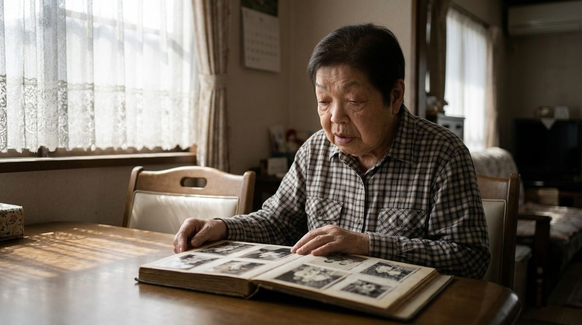 昔の家族写真のアルバムを見返す細本和子