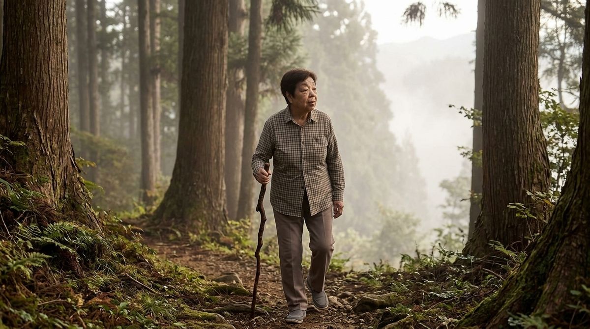 霧の立ちこめる山道を杖をついて歩く細本和子
