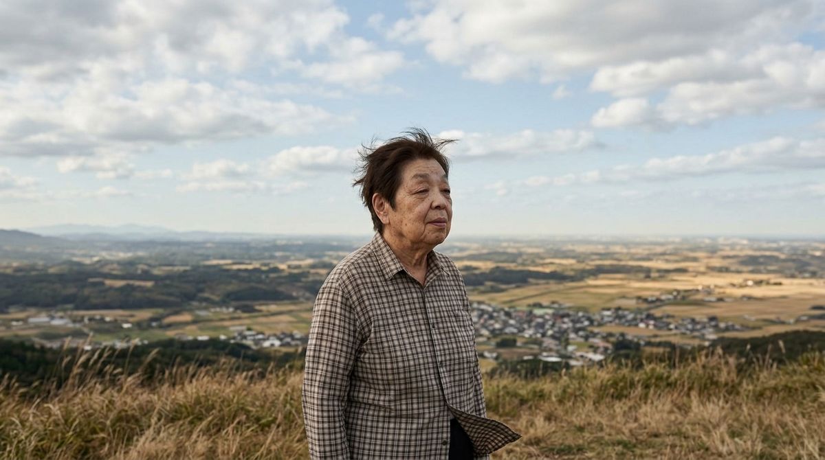 風の吹く丘の上から広い景色を見渡す細本和子