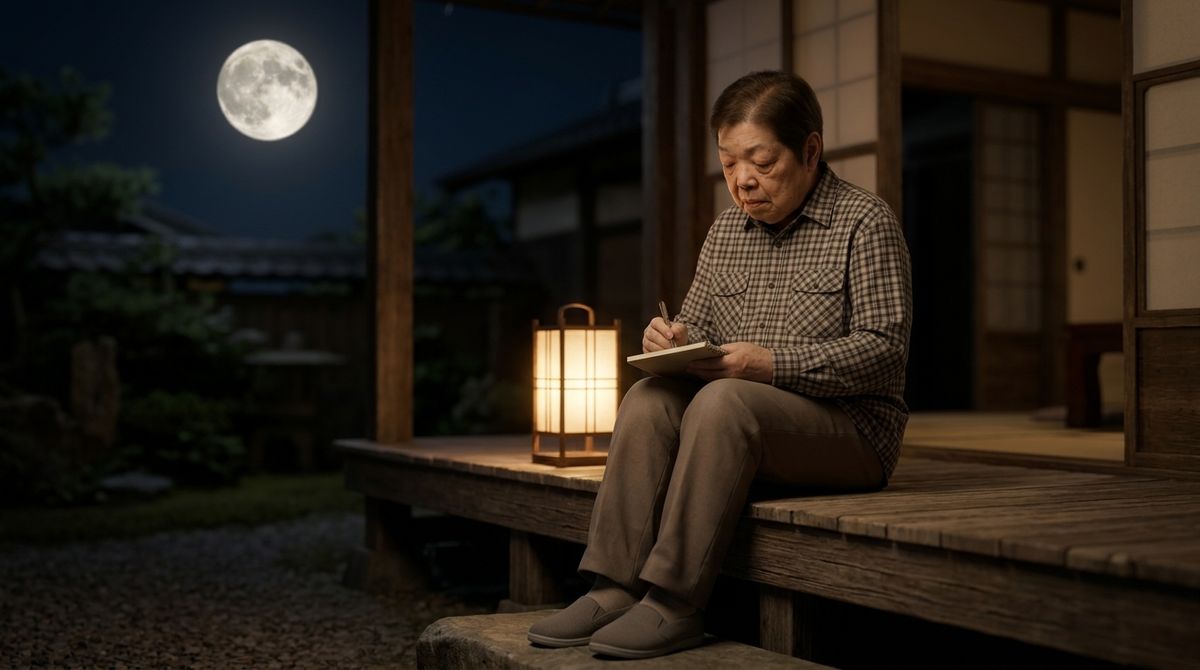 満月の夜、行灯のそばの縁側で手帳に書きものをする細本和子