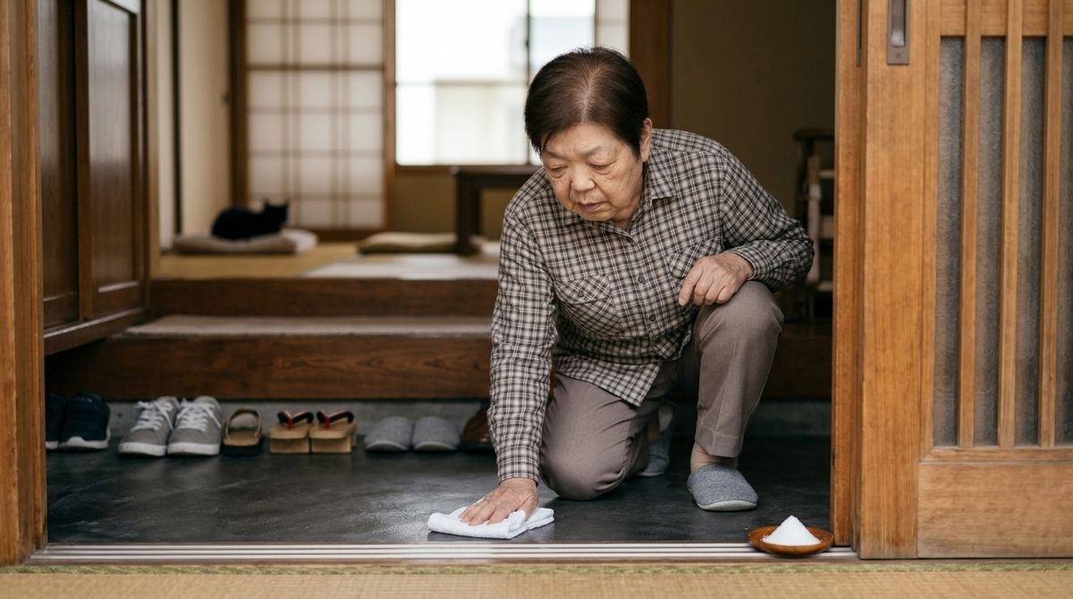盛り塩を置いた玄関の床を雑巾で拭く細本和子