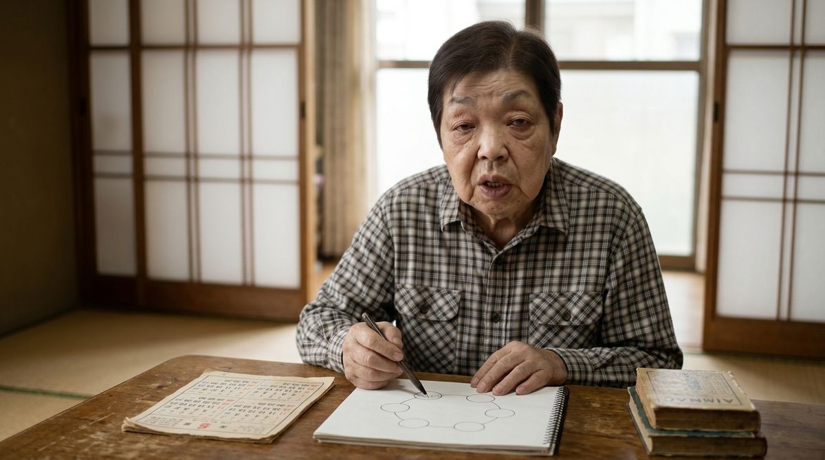 ノートに描いた6つの星の図を指し示しながら六星占術を説明する細本和子