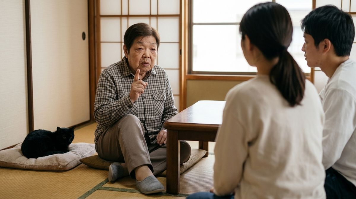 黒猫のそばで若い二人に相性の助言をする細本和子