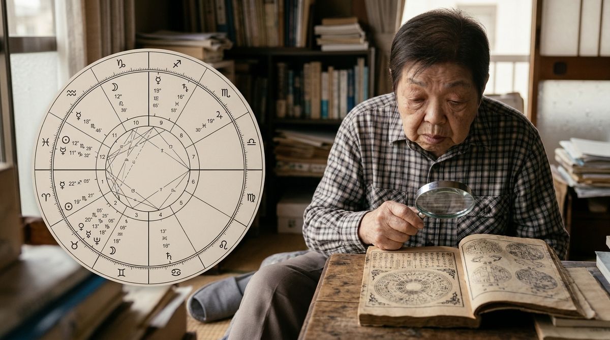 ホロスコープの図と古い暦の本を虫眼鏡で見比べる細本和子