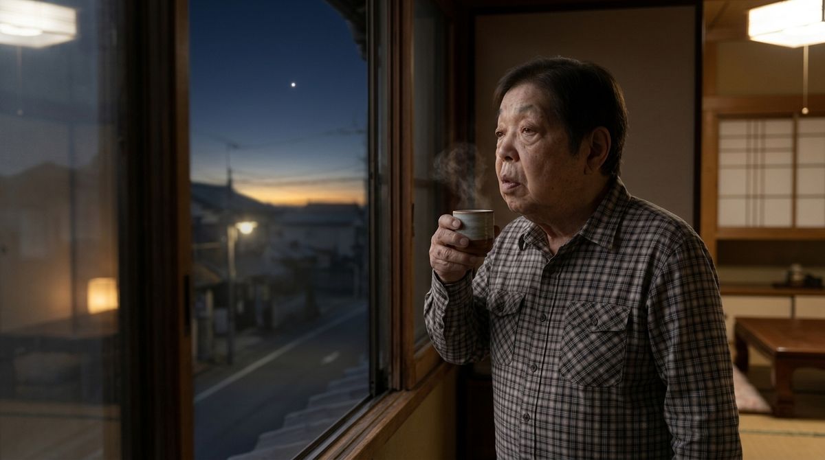 夜明け前の窓辺でお茶を飲みながら外を見つめる細本和子