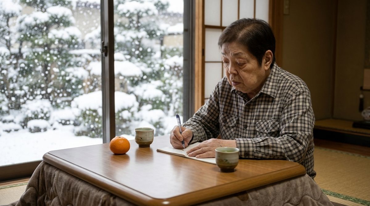 雪の降る日、こたつでノートに書きものをする細本和子