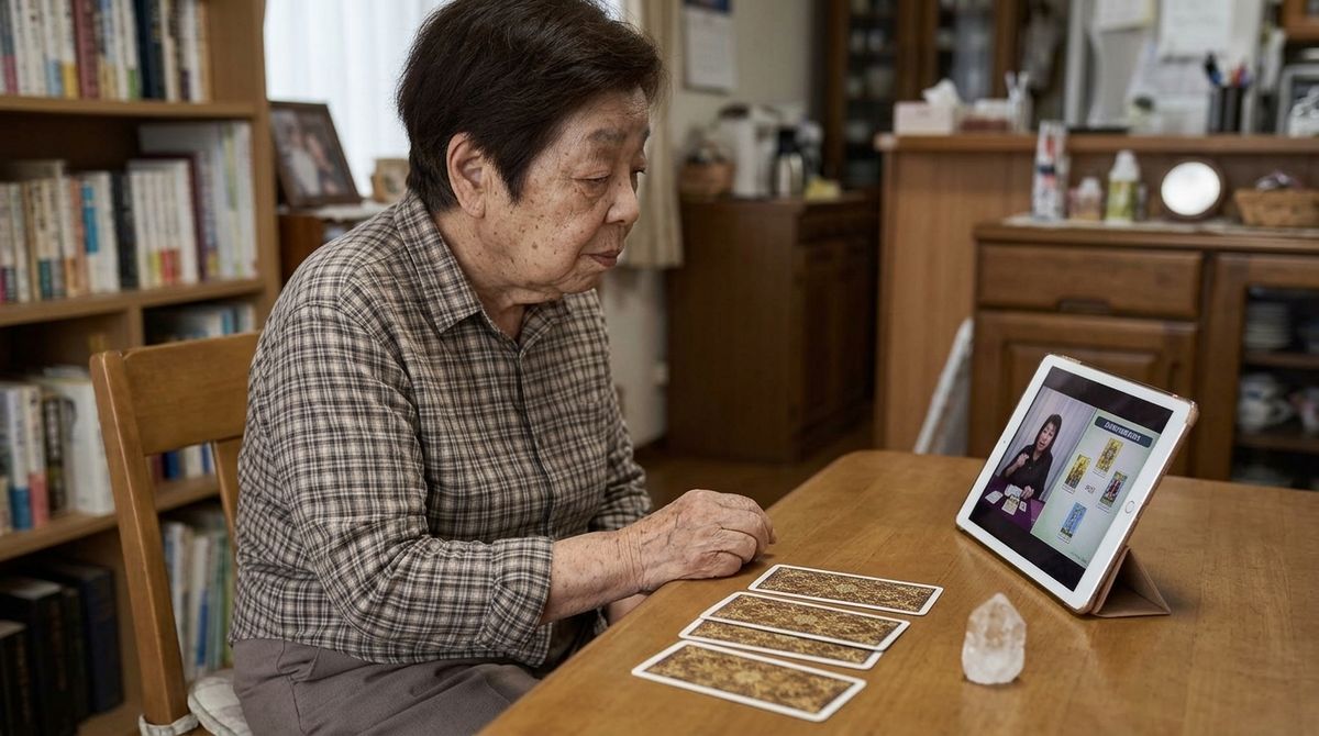 タブレットでタロット占いの動画を見る細本和子
