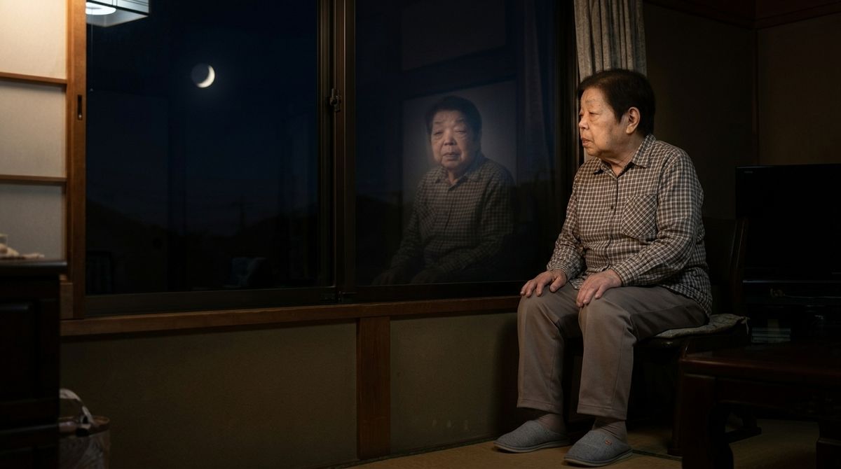 三日月の夜、窓ガラスに映る自分の姿と並んで座る細本和子